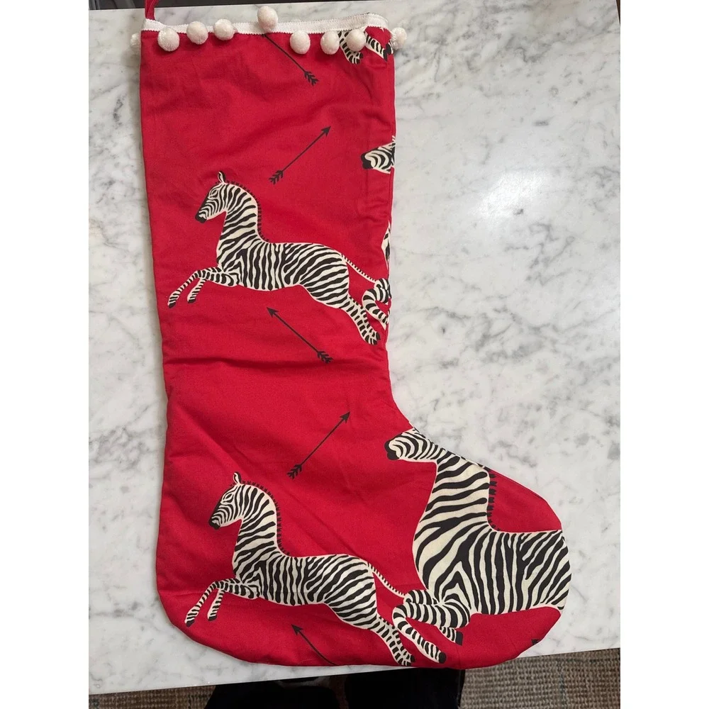 Scalamandre Zebra Christmas Stocking Red Cotton Pom Pom Trim Safari  Decor
